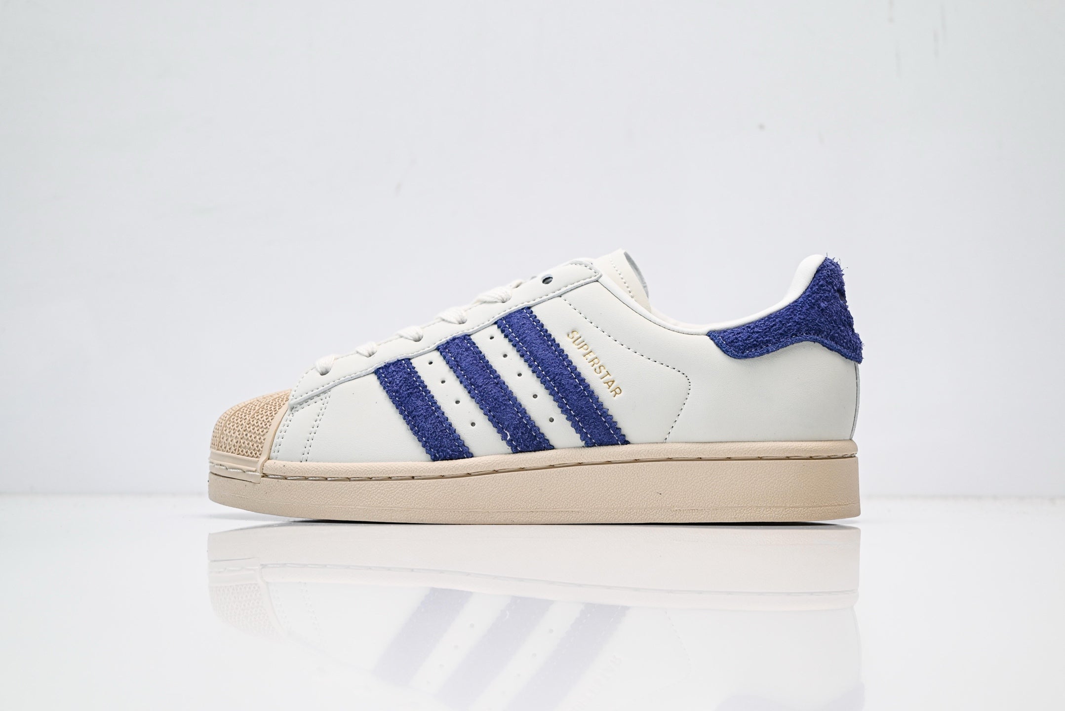 adidas Originals Superstar – Off-White Leather with Royal Blue Terry-Cloth 3-Stripes & Vintage Beige Shell Toe