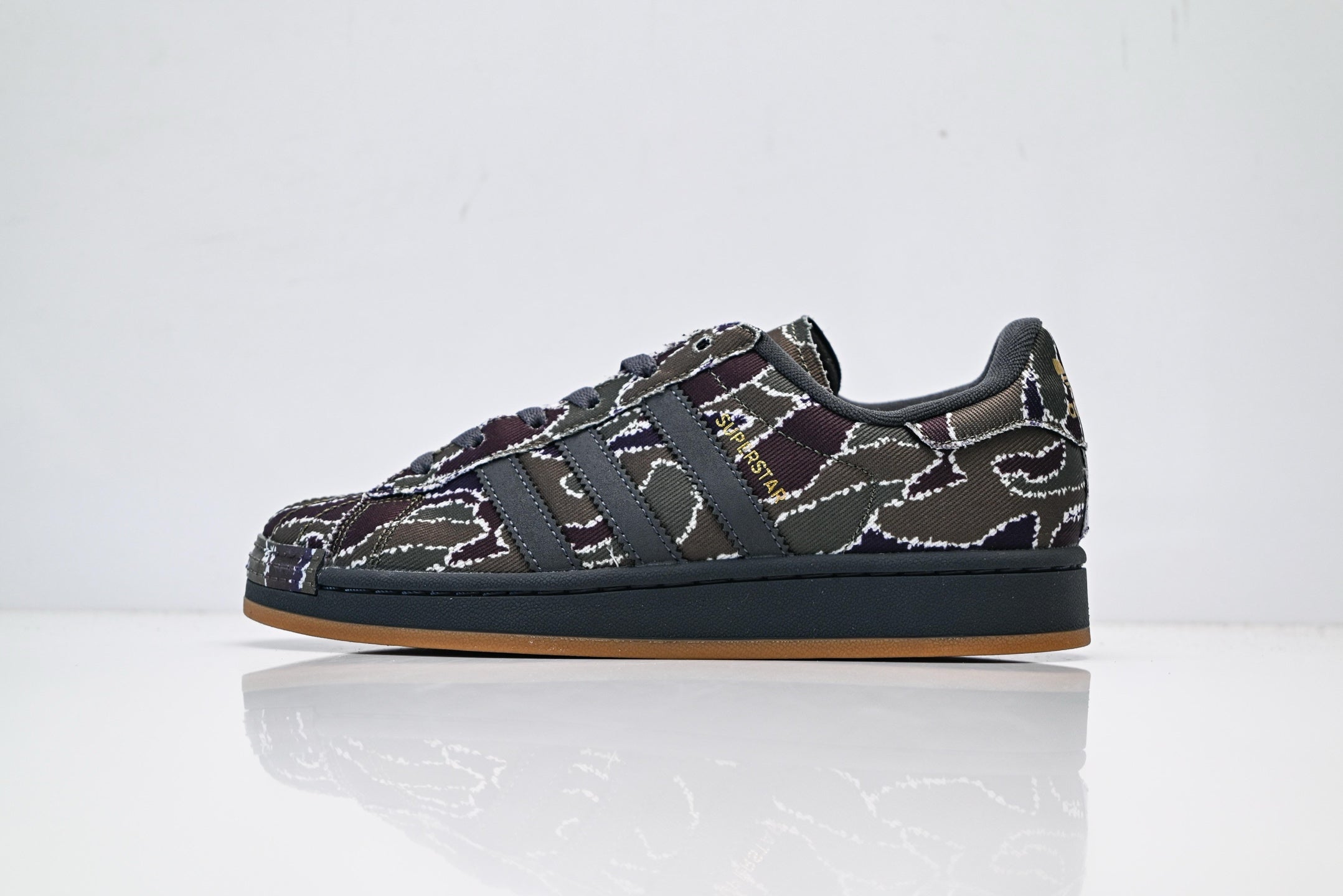 adidas Originals Superstar – Dark Floral Print Textile with Dark Grey & Gum Brown Shell Toe