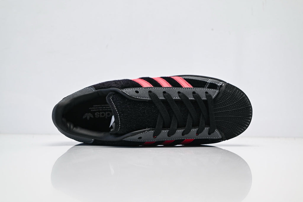 adidas Originals Superstar – Dark Gray & Black Faux Fur with Bright Red 3-Stripes Shell Toe