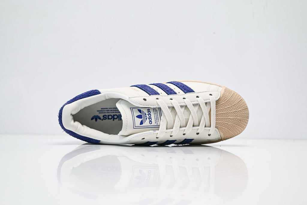 adidas Originals Superstar – Off-White Leather with Royal Blue Terry-Cloth 3-Stripes & Vintage Beige Shell Toe