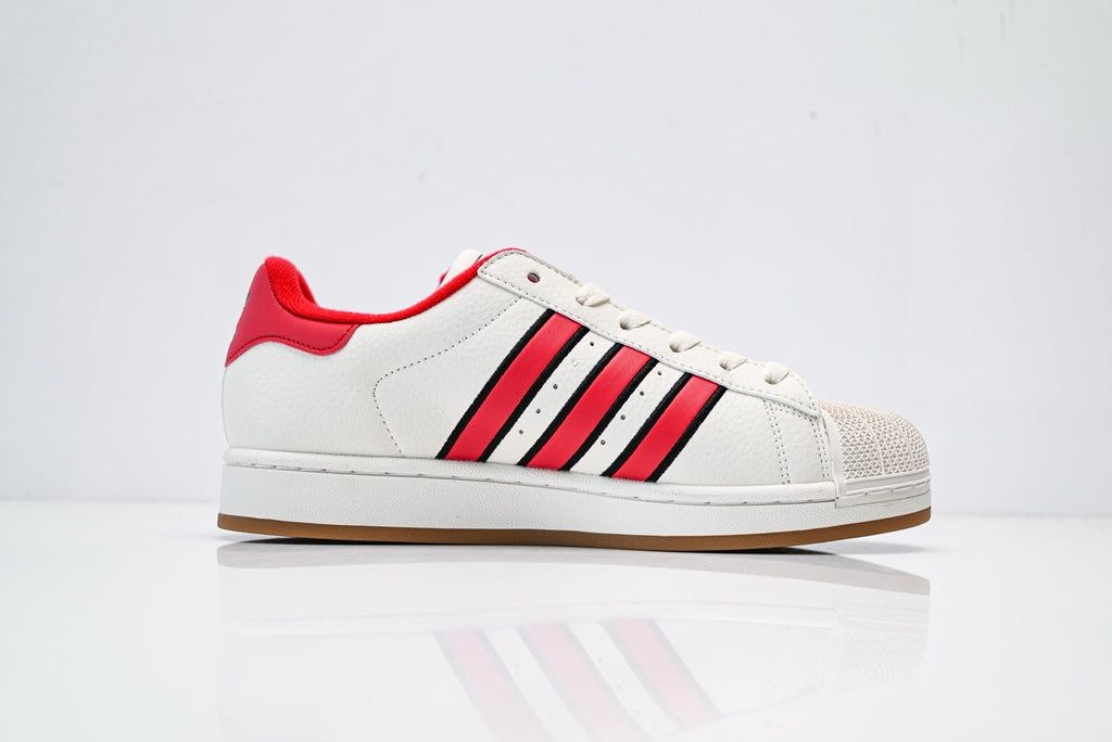 adidas Originals Superstar – White with Red 3-Stripes & Gum Brown Shell Toe