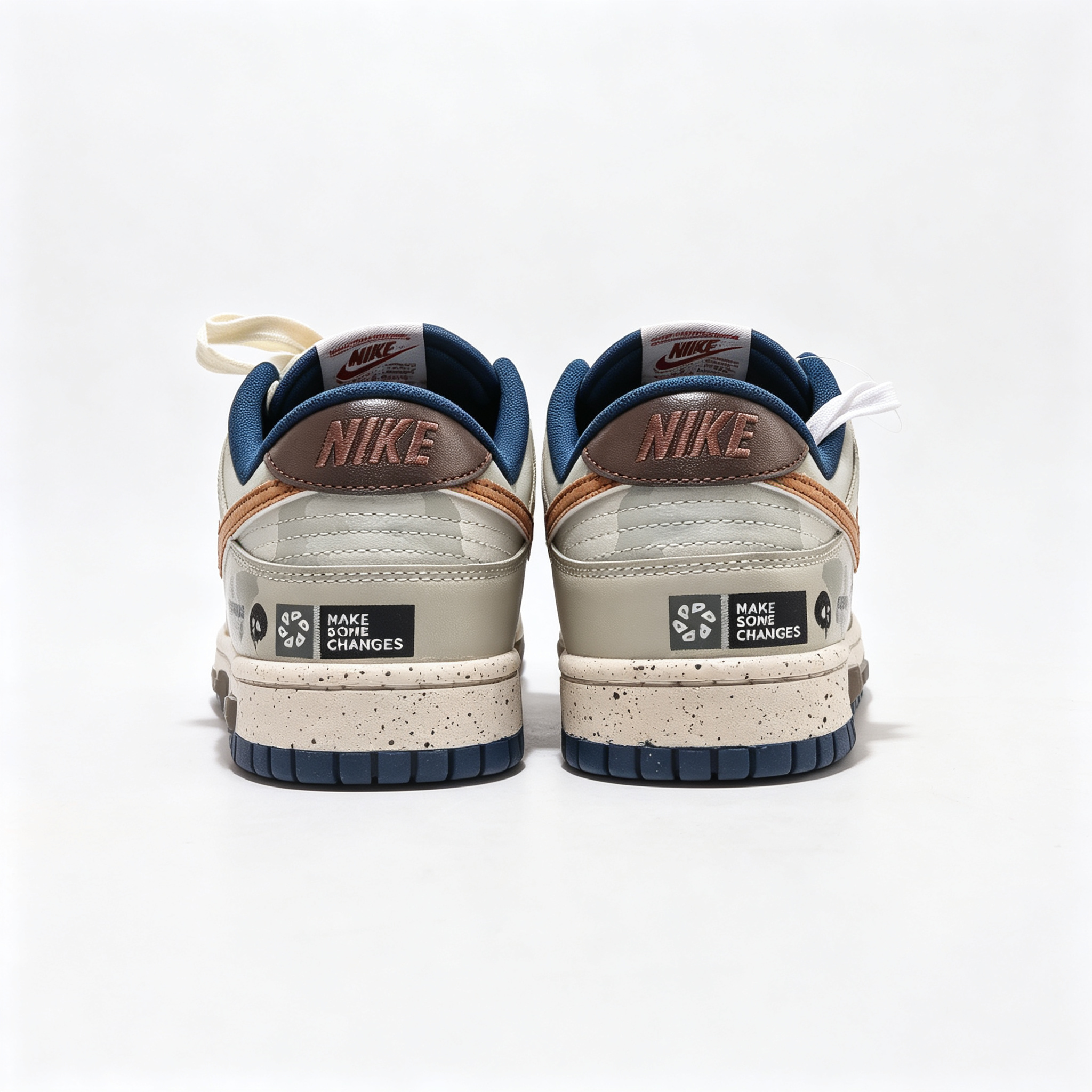 Nike Dunk Low Custom — Beige Camo / Cork Swoosh / Brown Canvas / Navy Outsole