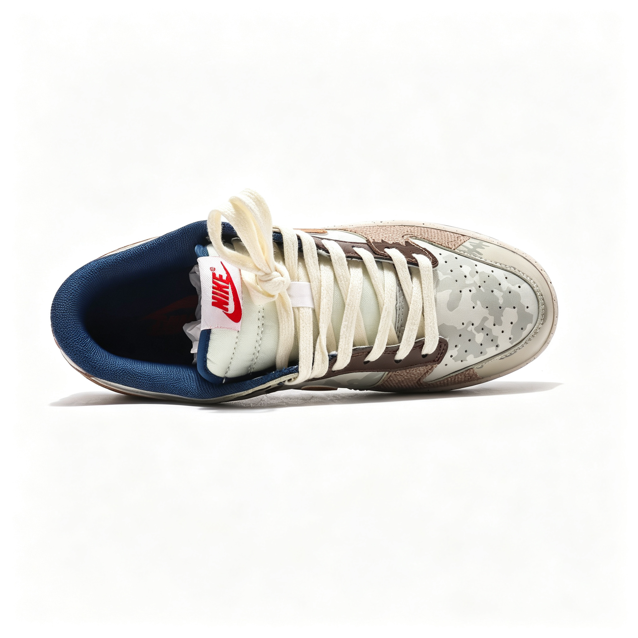 Nike Dunk Low Custom — Beige Camo / Cork Swoosh / Brown Canvas / Navy Outsole
