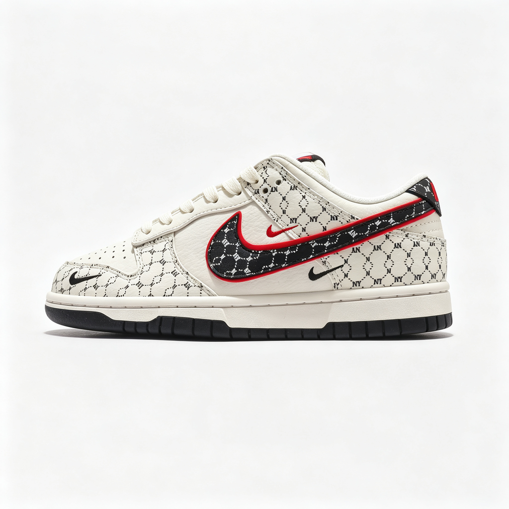 Nike Dunk Low 'Monogram' – Custom Cream Off-White & Black with Red Outline Sneakers