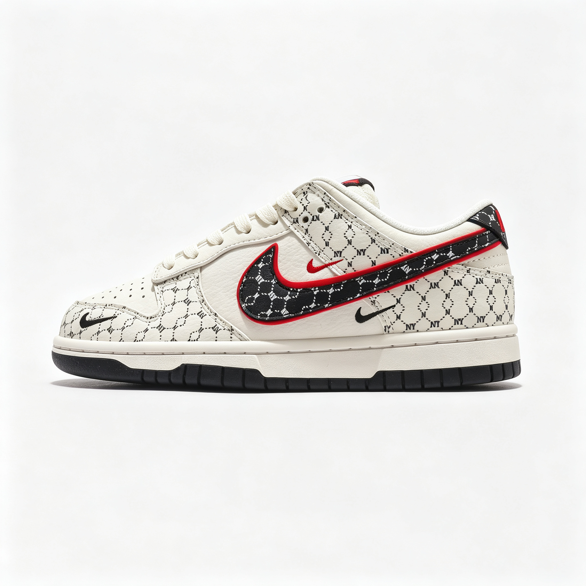 Nike Dunk Low 'Monogram' – Custom Cream Off-White & Black with Red Outline Sneakers