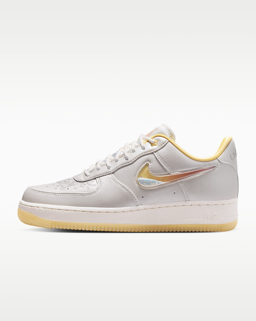 Nike Air Force 1 '07 Silver Gold Iridescent Swoosh Gum Sole Sneakers