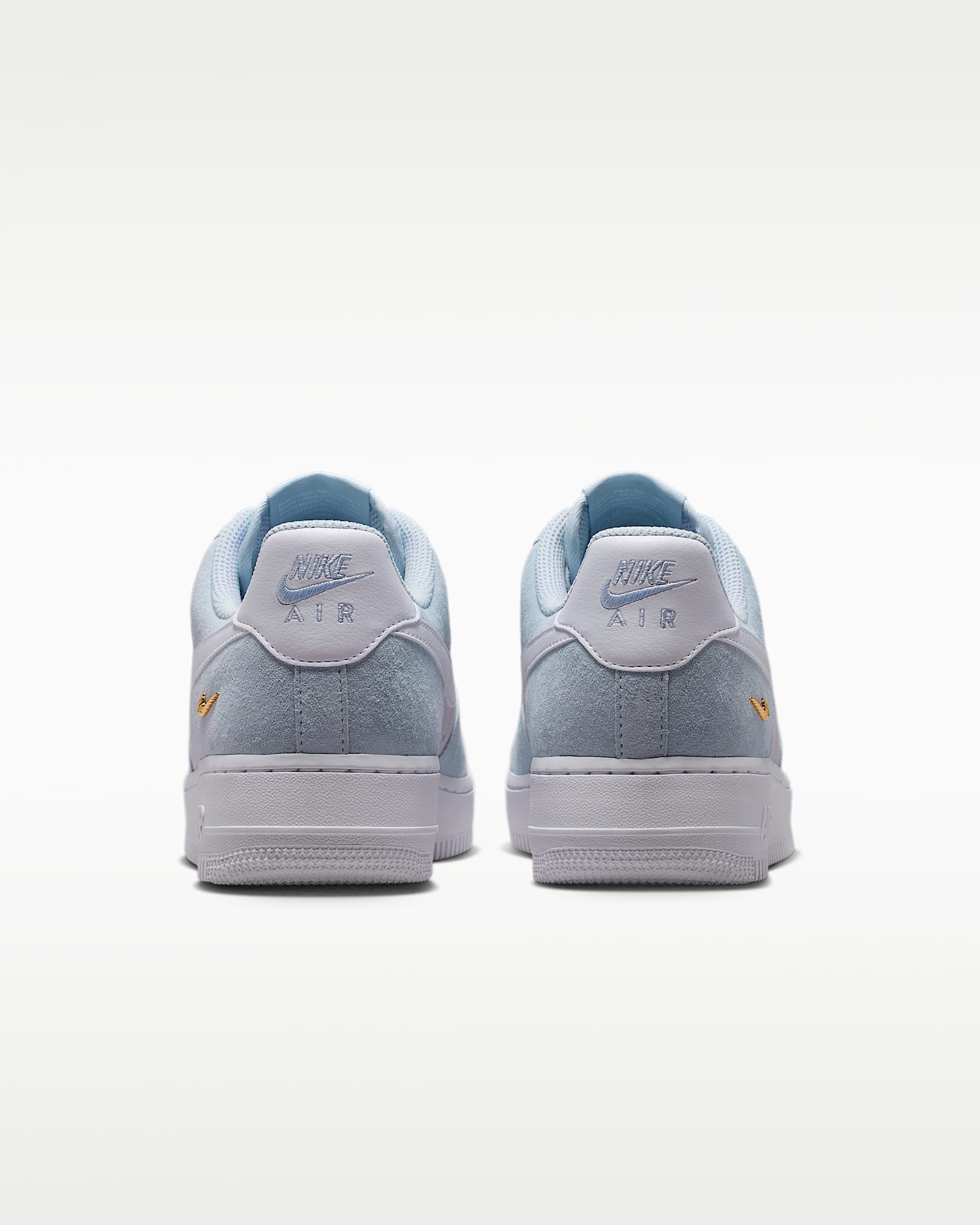 Nike Air Force 1 '07 Light Blue Lavender Suede Gold Mini Swoosh Sneakers