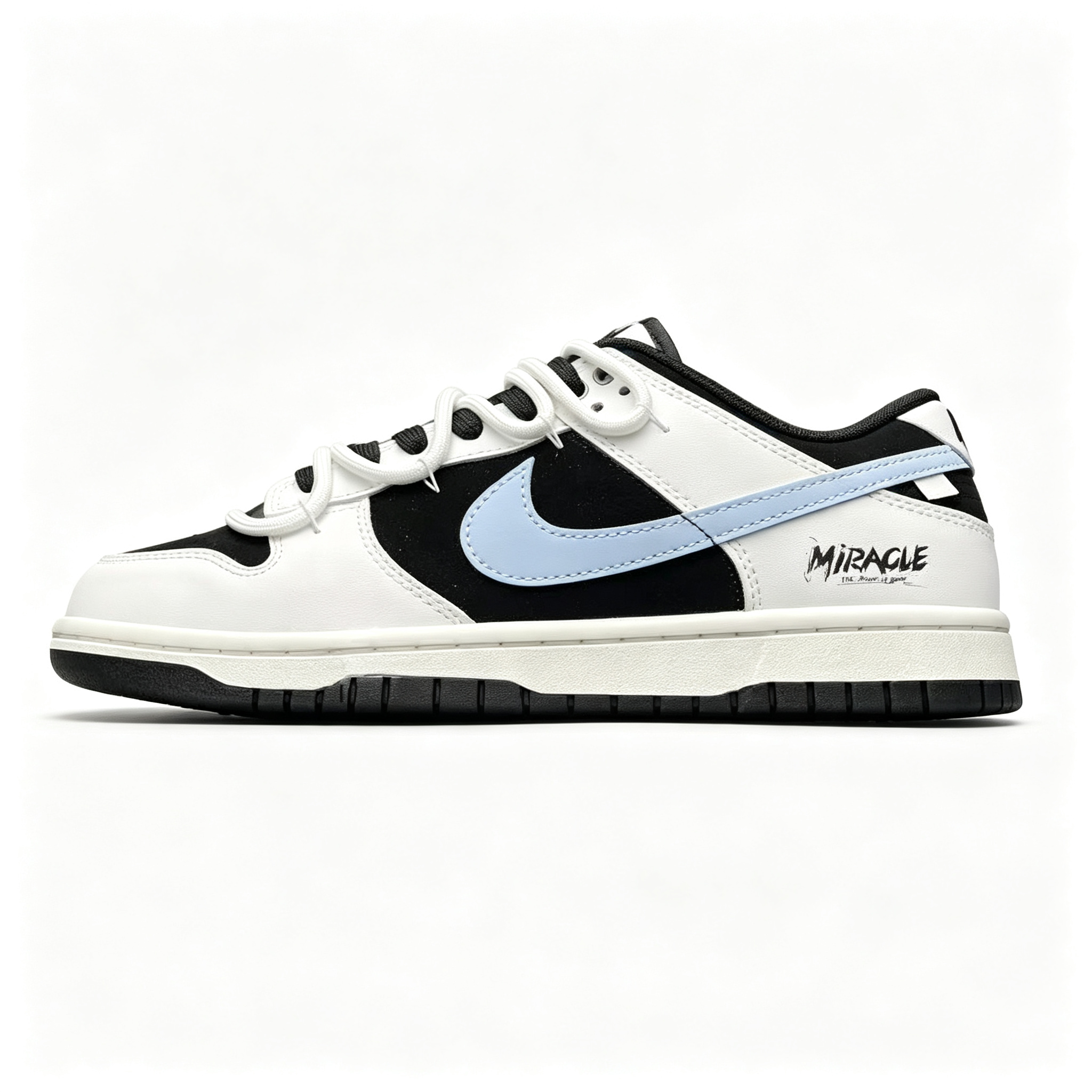 Nike Dunk Low 'Miracle' — Black & White with Light Blue Swoosh & Heel Print