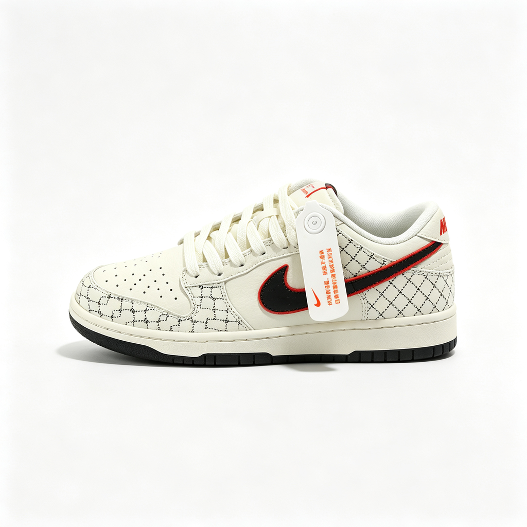 Nike Dunk Low Custom — Cream / Off-White / Black Monogram Print / Red Outline